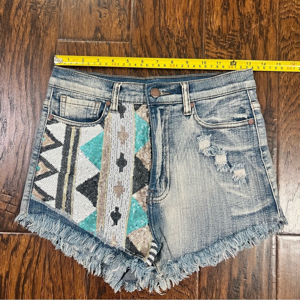 Sequin Patchwork Distressed Denim Shorts Aztec Bl… - image 8